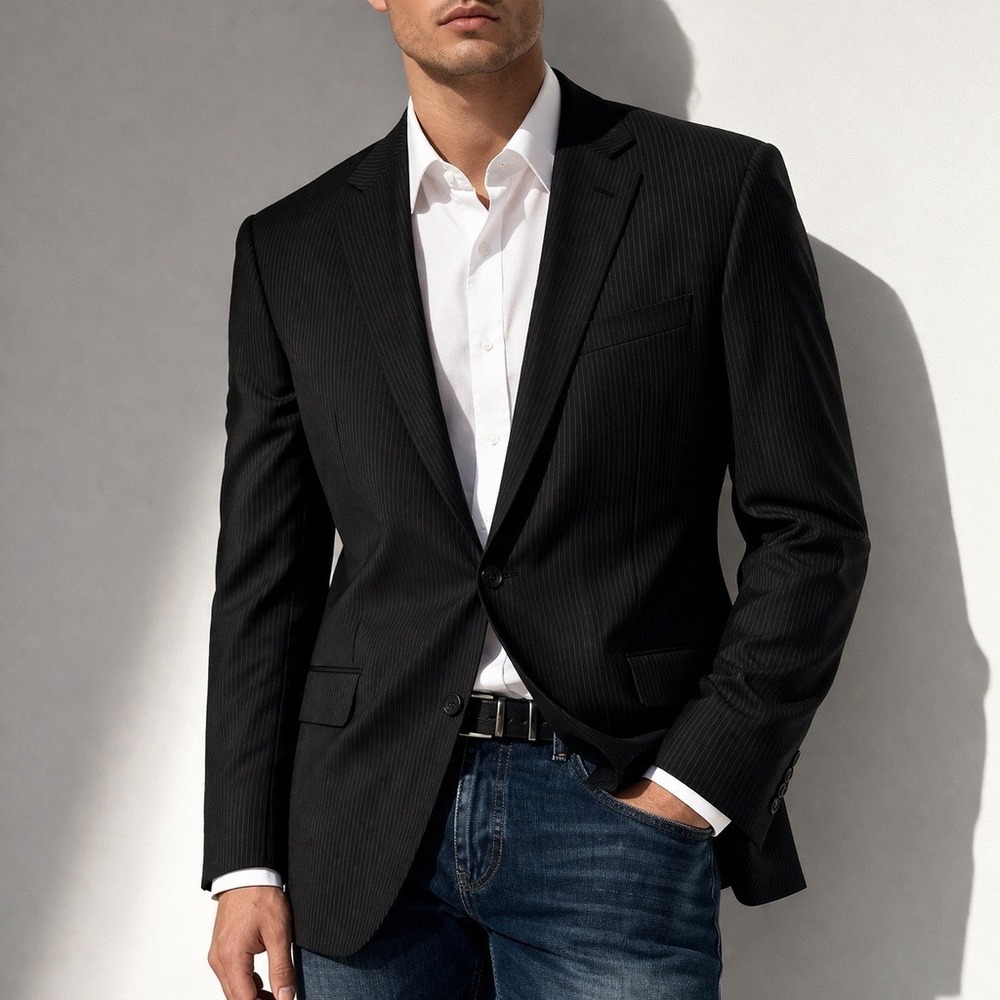 Billy London Black Pinstripe Blazer 40L Blue Lining Tailored Modern Classic